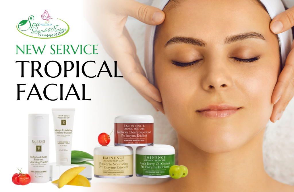 Cedar Meadows Spa & Resort A person receives a facial treatment. Text on the left reads "New Service: Tropical Facial" with images of skincare products and fruits below. - Timmins, Ontario