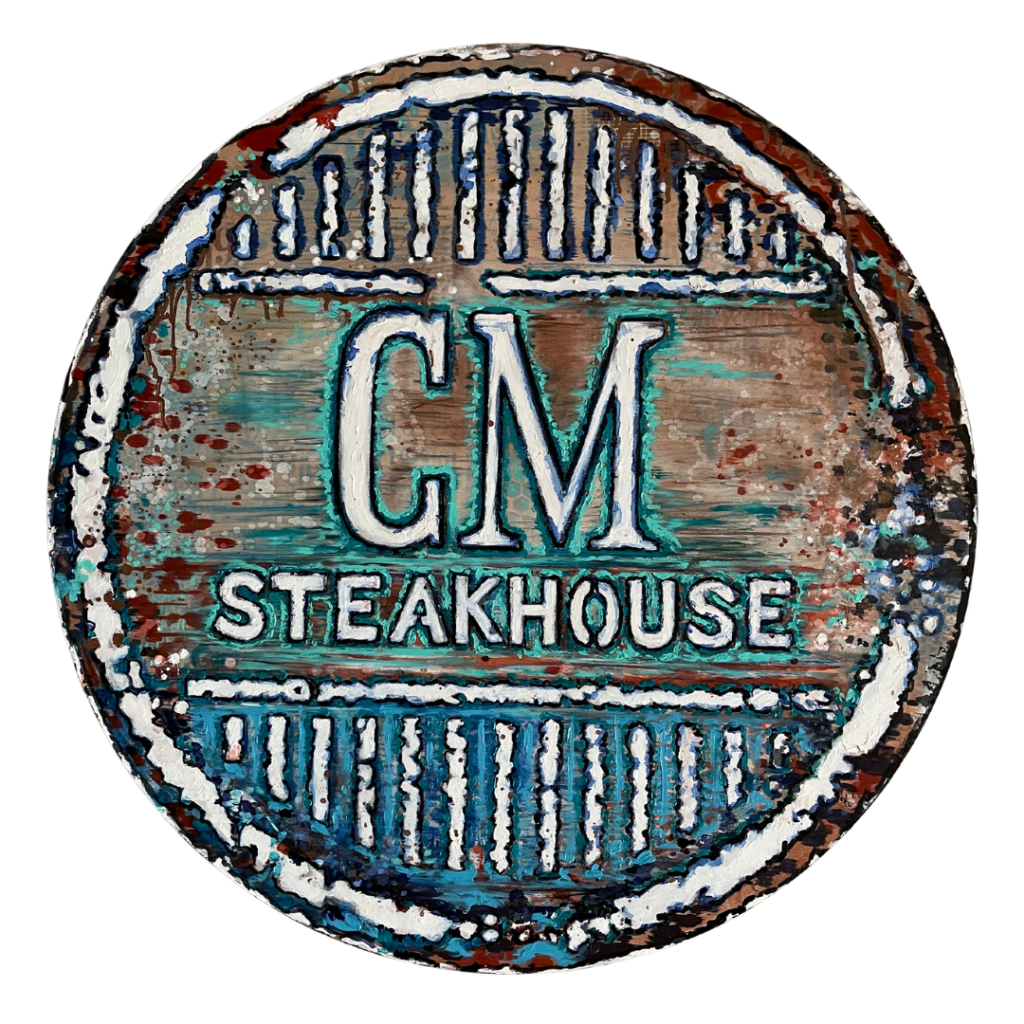 Cedar Meadows Spa & Resort Textured circular logo with "CM STEAKHOUSE" written in white and teal letters against a rustic metal background. - Timmins, Ontario