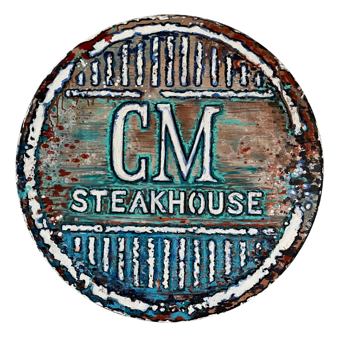 Cedar Meadows Spa & Resort Textured circular logo with "CM STEAKHOUSE" written in white and teal letters against a rustic metal background. - Timmins, Ontario