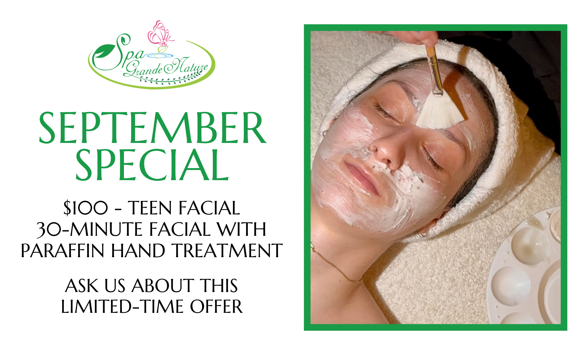 Cedar Meadows Spa & Resort A person receives a facial treatment with a brush at a spa. Text advertises a $100 teen facial and paraffin hand treatment September special. - Timmins, Ontario