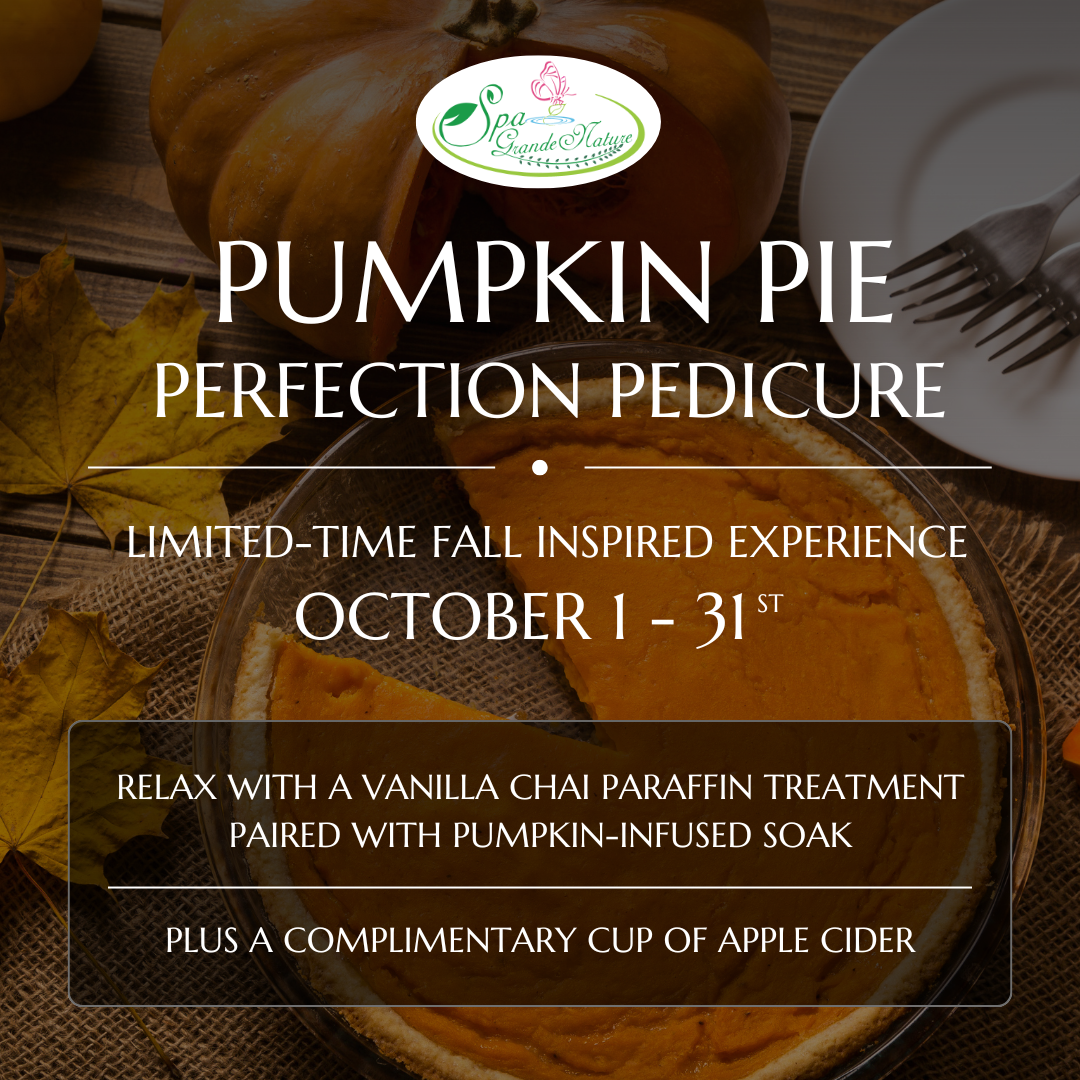 Cedar Meadows Spa & Resort Promotional image for a spa's Pumpkin Pie Perfection Pedicure, offered October 1-31, featuring a pumpkin pie, fall leaves, and event details. - Timmins, Ontario