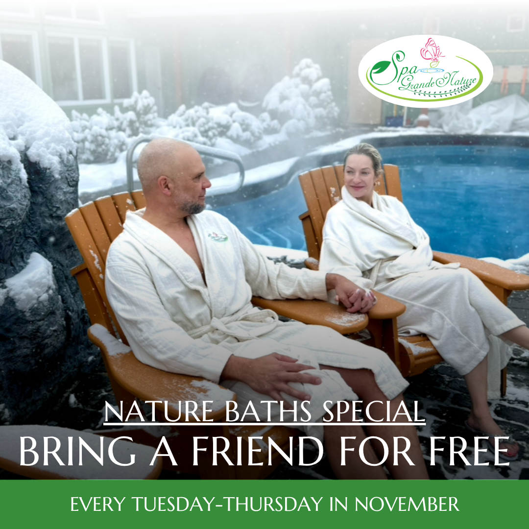 Cedar Meadows Spa & Resort Two people in white robes sit in wooden chairs by a snowy outdoor hot tub, promoting a "Bring a Friend for Free" nature bath special at a spa, valid Tuesdays to Thursdays in November. - Timmins, Ontario