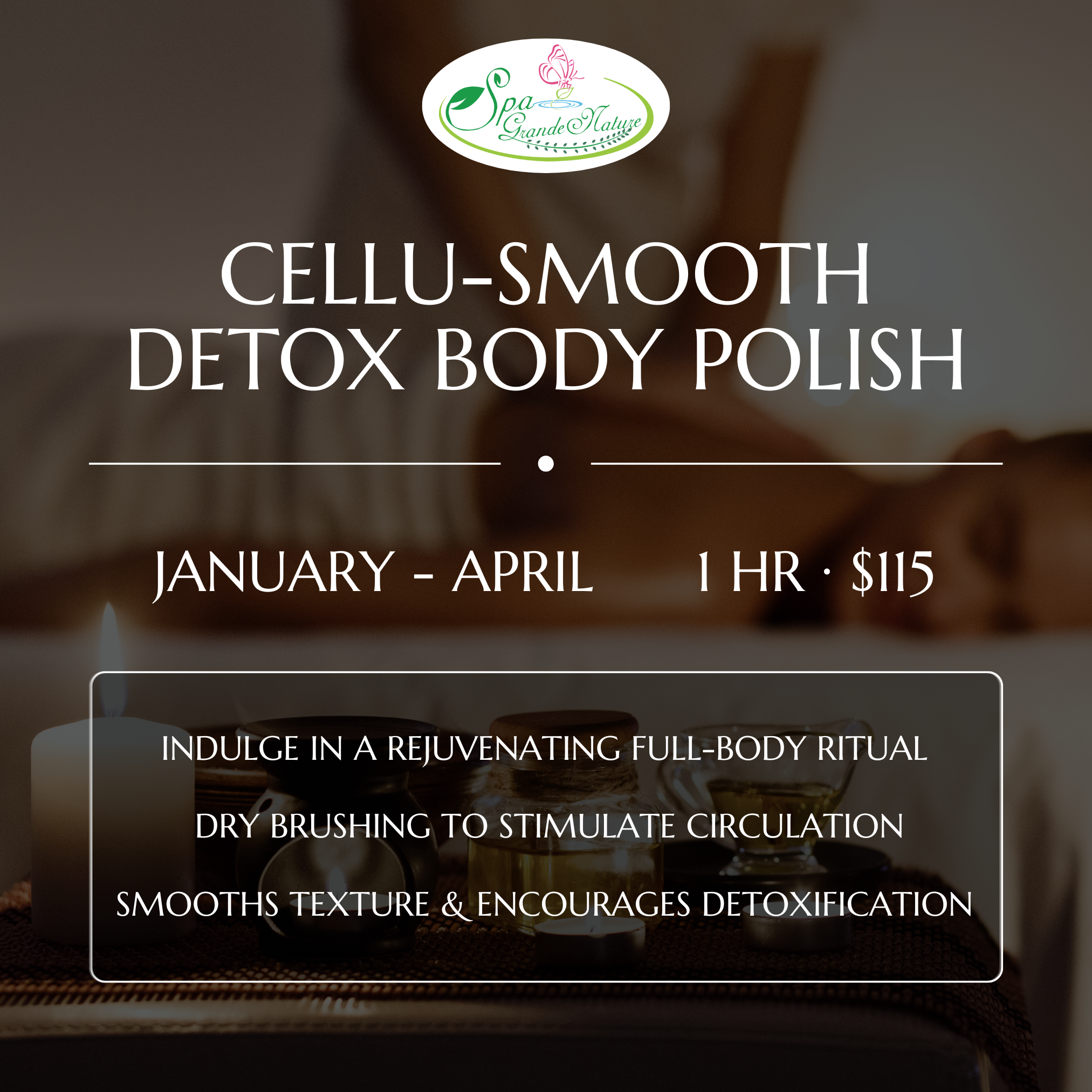 Cedar Meadows Spa & Resort A spa promotion for a Cellu-Smooth Detox Body Polish runs January to April, 1 hour for $115, with benefits including exfoliation, improved circulation, and detoxification. - Timmins, Ontario