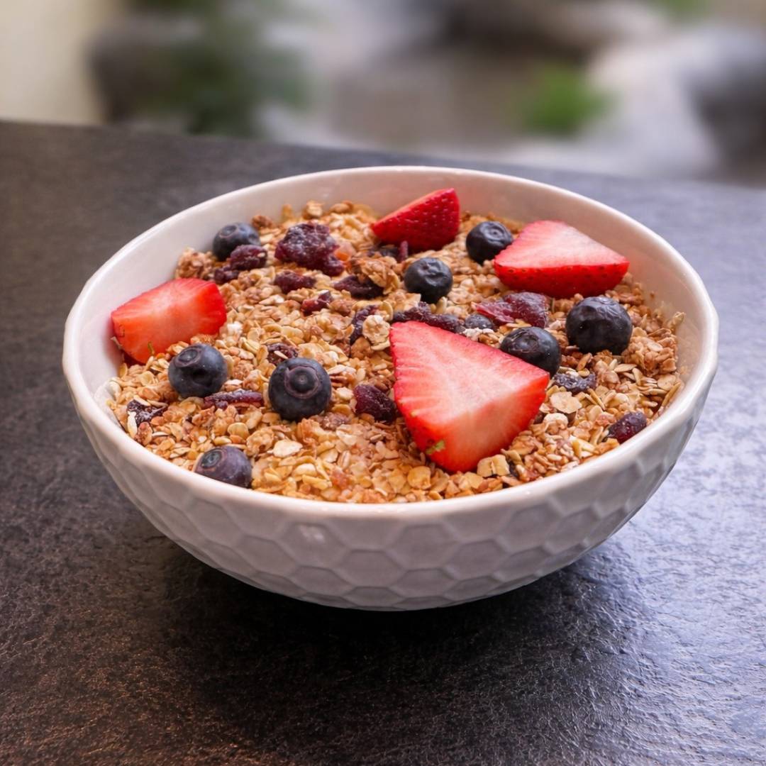 Cedar Meadows Spa & Resort A white bowl filled with granola, blueberries, and sliced strawberries is placed on a dark surface. - Timmins, Ontario