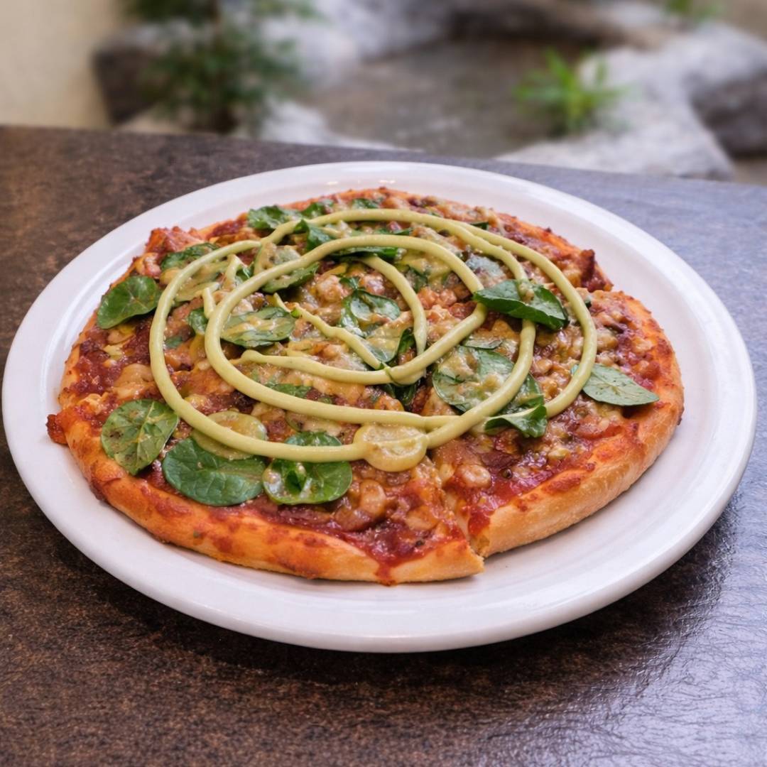Cedar Meadows Spa & Resort A pizza topped with spinach leaves, cheese, and a swirl of creamy sauce, served on a white plate on a dark surface. - Timmins, Ontario